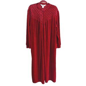 THE VERMONT COUNTRY STORE Sz L Smocked Velour Full Zip Robe Burgundy Vtg